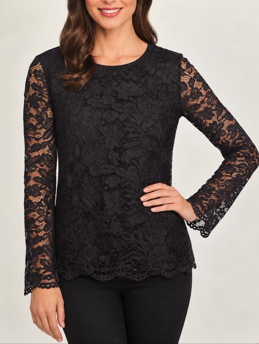 Ellen Tracy Black Floral Lace BELL Sleeve Blouse